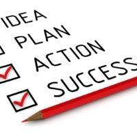 Idea, plan, action, success. List with the check marks. Business strategy: idea, plan, action, success. Red pencil and a checklist with red marks. 3D Illustration